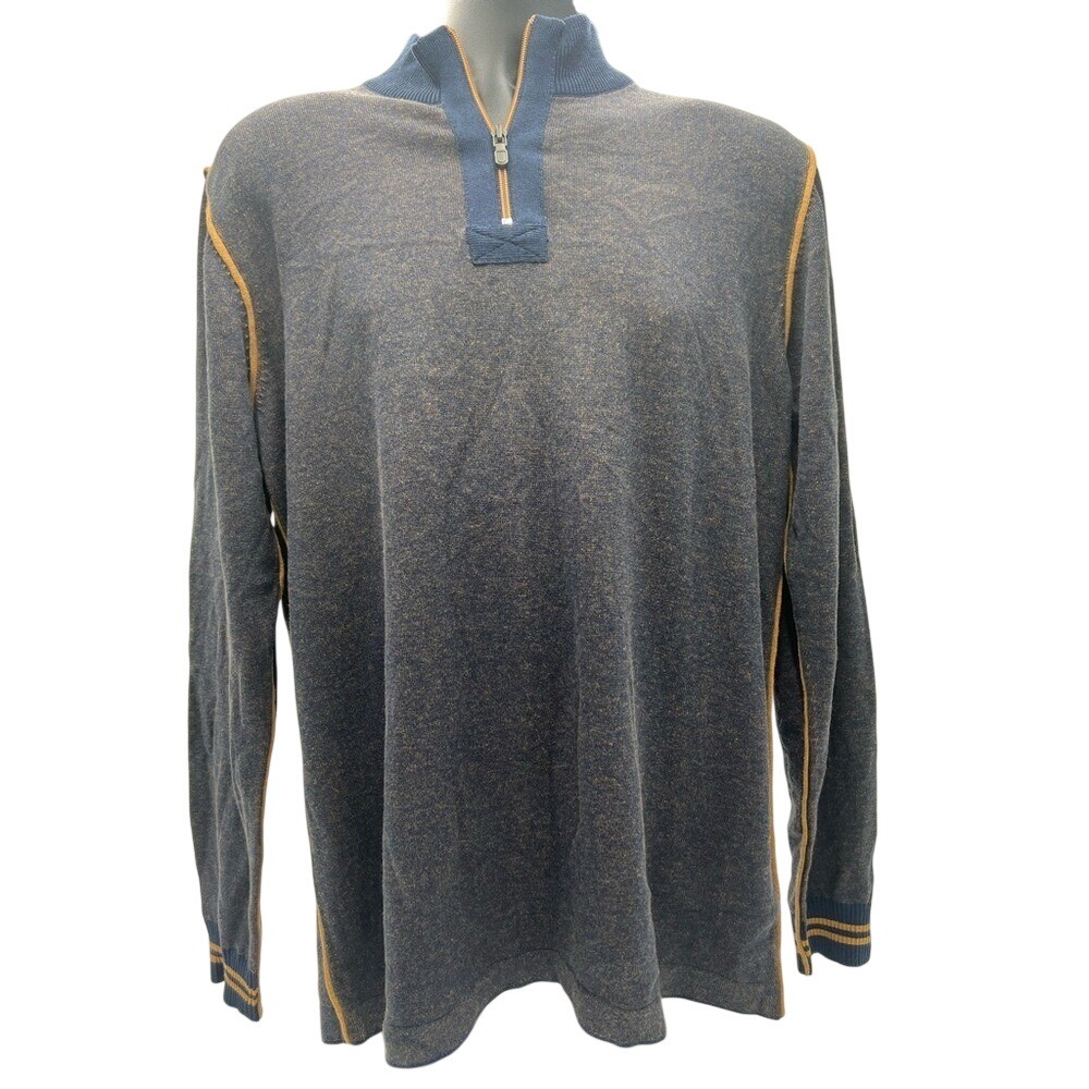 Men's Old Ranch 1/4 zip knit shirt size Small. Navy and Tan knit with Tan piping